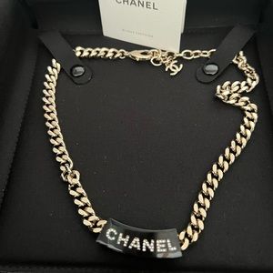 Chanel 2022 NWT Crystal Logo Bar Choker Necklace